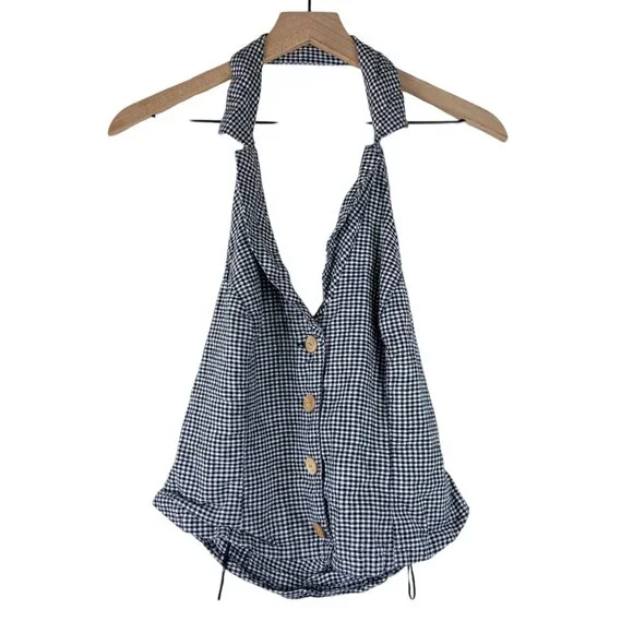 Urban Outfitters Navy White Gingham Linen Gianna Halter Top - Picture 2 of 6